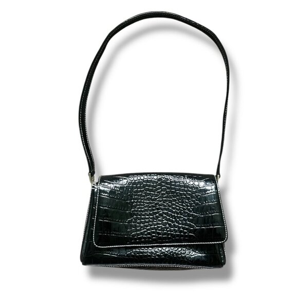 Y2K Liz Claiborne Black Crocodile Embossed Faux Leather Purse Shoulder Bag - Picture 1 of 16